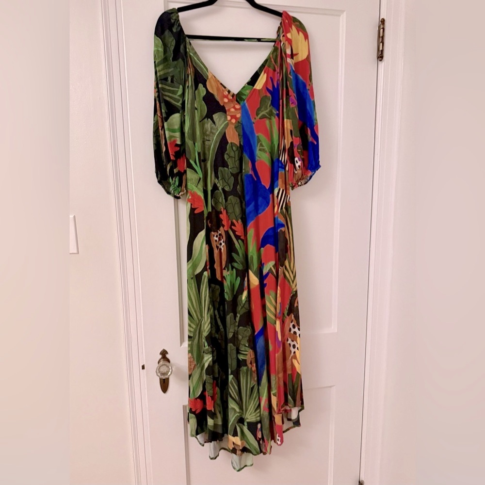 EUC - FARM Rio Green and Red Puff Sleeve Sundress - SIZE M